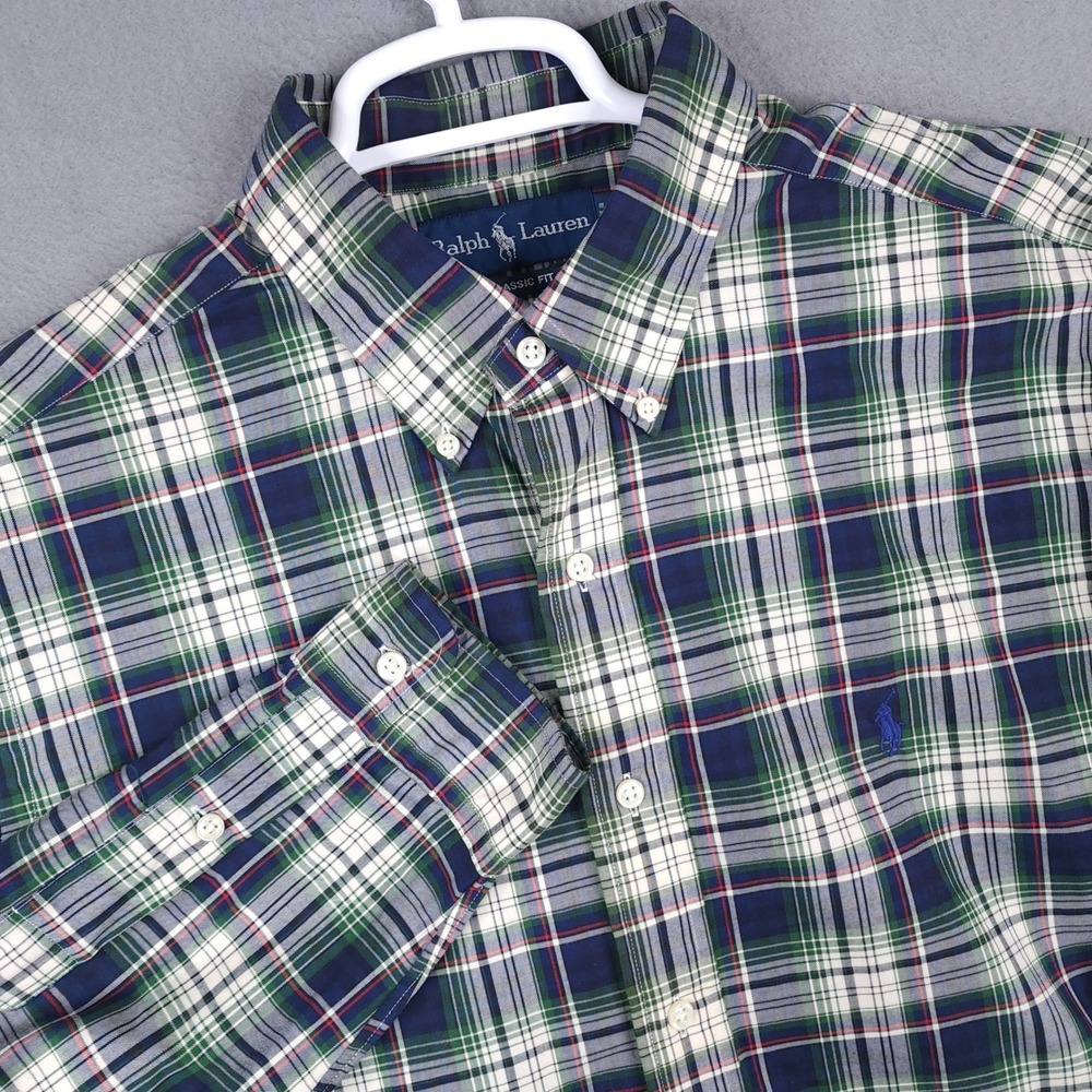Ralph Lauren Button Down Shirt Mens L Navy Blue Green Plaid Classic Fit‎ Preppy